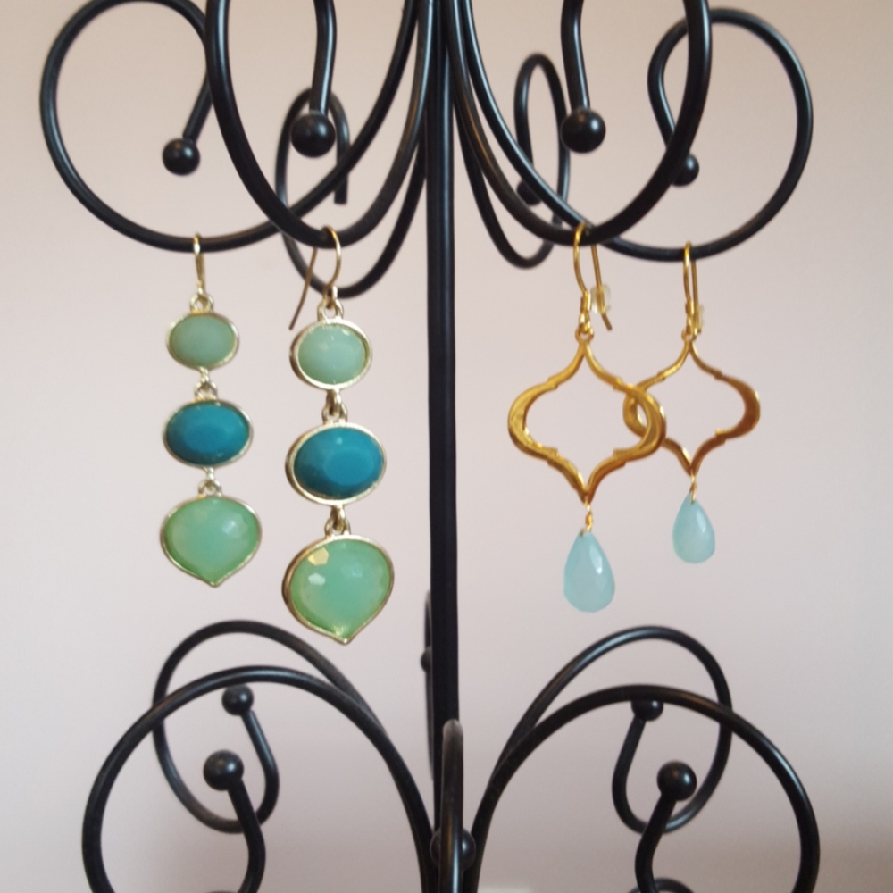 Two Pairs Gold and Teal/Turquoise Earrings